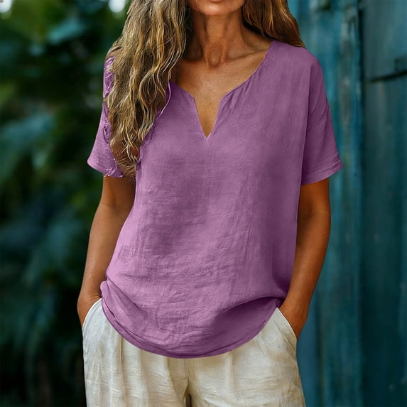 POUNOO Womens Linen Tops V Neck Short Sleeve Loose Fit Casual Blouses Shirts Boho Minimalist Style Gift