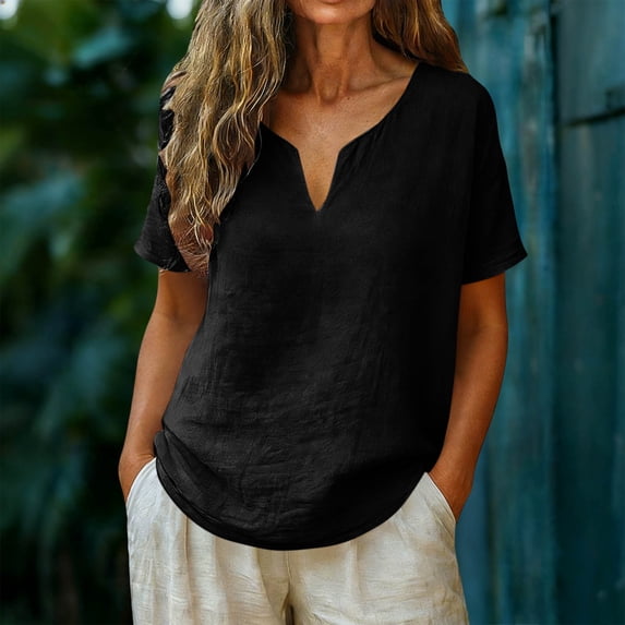 POUNOO Womens Linen Tops V Neck Short Sleeve Loose Fit Casual Blouses Shirts Boho Minimalist Style Gift