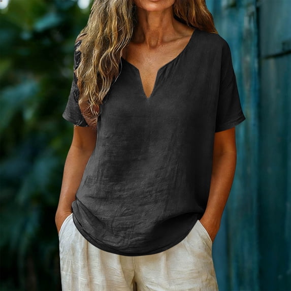 POUNOO Womens Linen Tops V Neck Short Sleeve Loose Fit Casual Blouses Shirts Boho Minimalist Style Gift