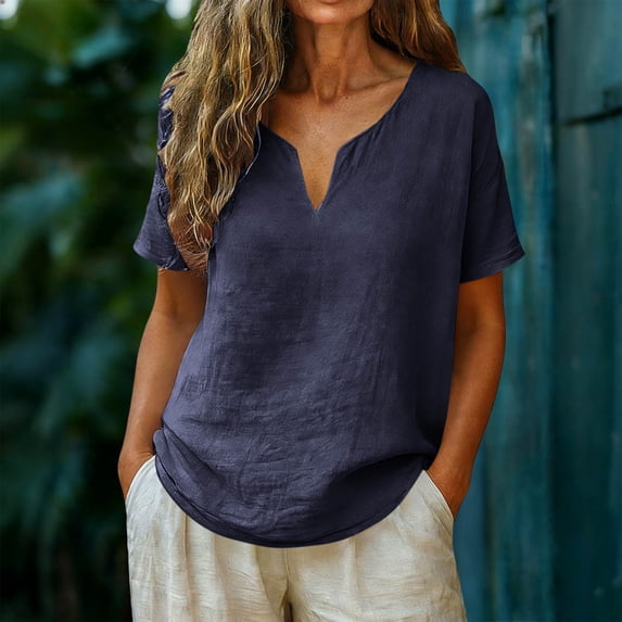 POUNOO Womens Linen Tops V Neck Short Sleeve Loose Fit Casual Blouses Shirts Boho Minimalist Style Gift