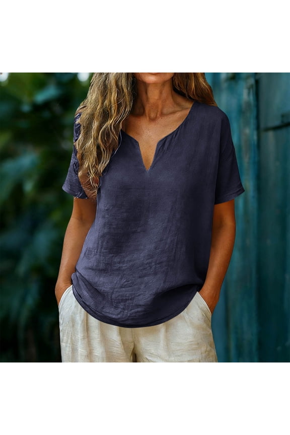 Womens Linen Tops V Neck Short Sleeve Loose Fit Casual Blouses Shirts Boho Minimalist Style Gift