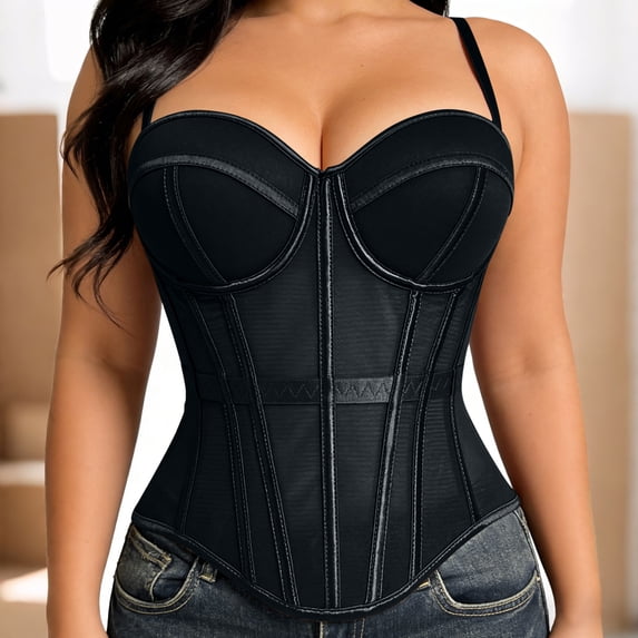 POUNOO Womens Mesh Corset Tops Slim Fit Spaghetti Strap Mesh Boned Structure Casual Tops Party Style Bustiers Gift