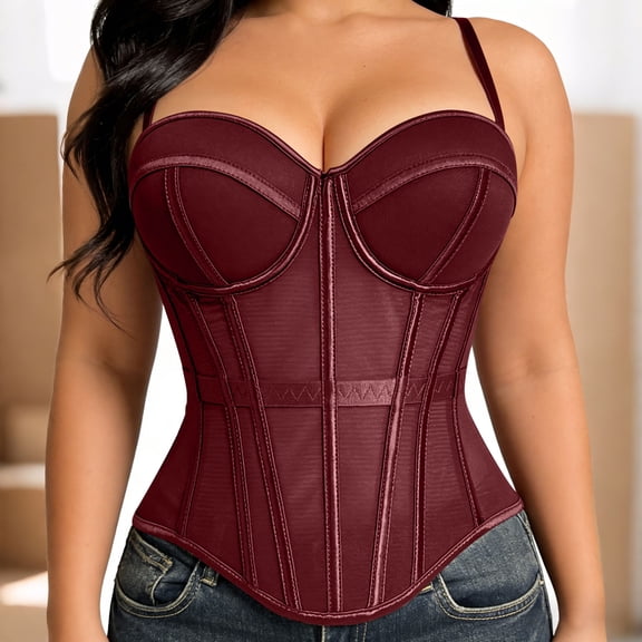 POUNOO Womens Mesh Corset Tops Slim Fit Spaghetti Strap Mesh Boned Structure Casual Tops Party Style Bustiers Gift