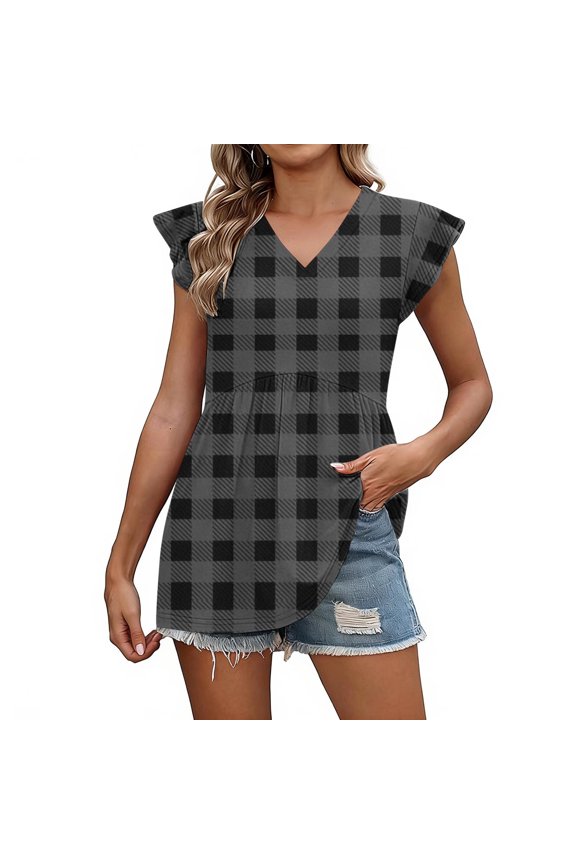 Womens Peplum Tops Loose Fit V Neck Ruffle Sleeve Colorblock Print Casual Tops Boho Style Blouses Gift