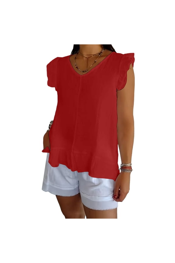 Womens Ruffle Hem Peplum Tops Loose Fit V Neck Flutter Sleeve Ruffle Hem Casual Tops Minimalist Boho Style Blouses Gift