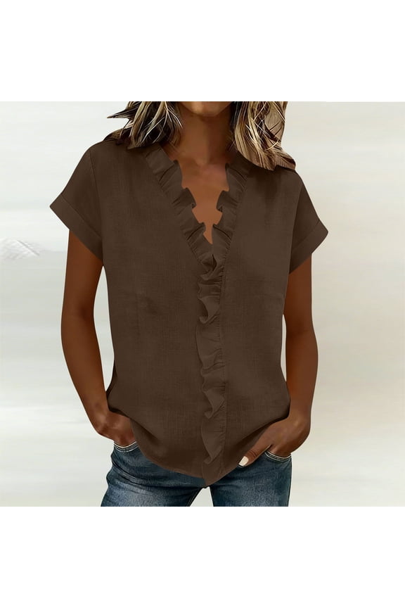 Womens Ruffle Trim Blouses Loose Fit V Neck Short Sleeve Ruffle Trim Casual Tops Office Style Shirts Gift