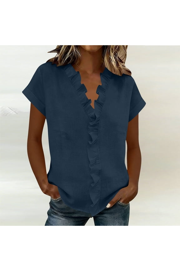 Womens Ruffle Trim Blouses Loose Fit V Neck Short Sleeve Ruffle Trim Casual Tops Office Style Shirts Gift