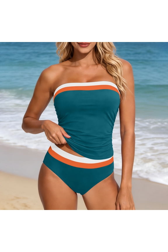 Womens Tankini Swimsuits Slim Fit Strapless Color Block Stripe Ruched Detail High Waist Bathing Suits Beach Vacation Style Swimwear Gift