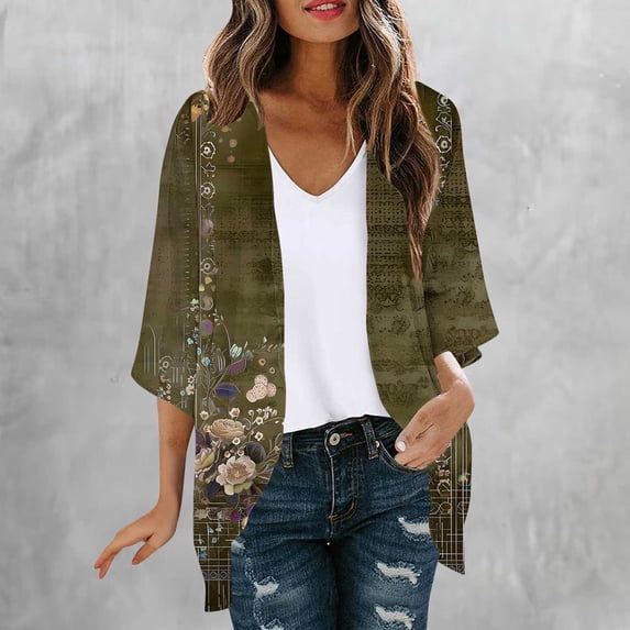 POUNOO Womens Tropical Floral Cover Ups Relaxed Fit Open Front Mid Sleeve Colorful Flower Pattern Soft Texture Vacation Style Kimonos Gift