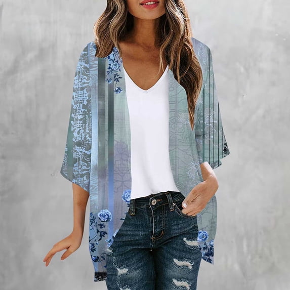 POUNOO Womens Tropical Floral Cover Ups Relaxed Fit Open Front Mid Sleeve Colorful Flower Pattern Soft Texture Vacation Style Kimonos Gift