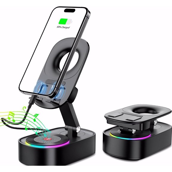 POUR PLACE 5 - in - 1 Wireless Induction Speaker Cell Phone Stand with Bluetooth Sound, Colorful Light, Emergency Rechargeable Holder for Tablet and Android, Gift Men Women