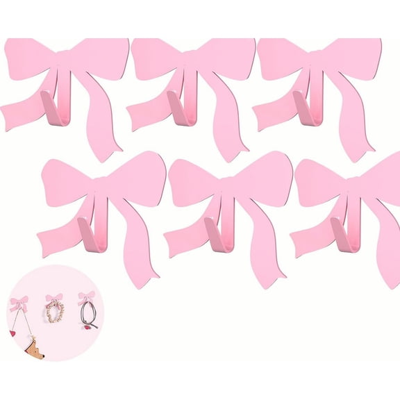POUR PLACE 6 Pcs Pink Bow Decorative Wall Hooks Metal Adhesive Door Hanger Coquette Room Decor Cute Towel Coat Preppy Hanging for Home Kitchen Bathroom Office