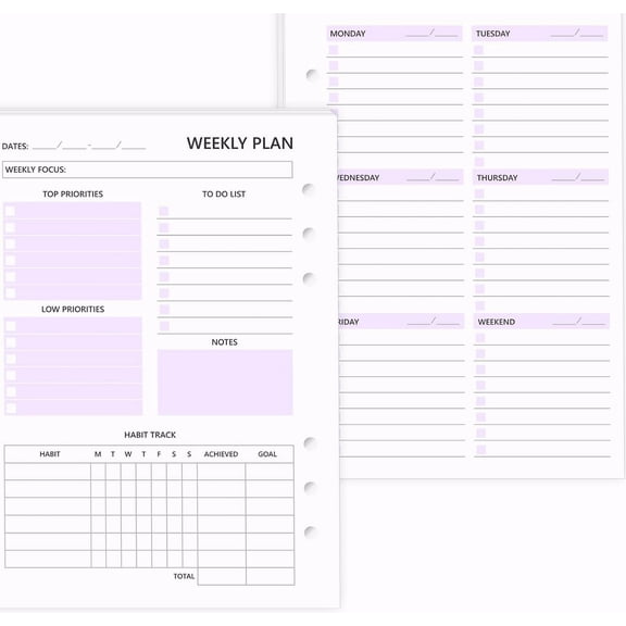 POUR PLACE A5 Weekly Planner Refill, 100 GSM Thick Paper, 6 Hole Punch, Undated Inserts with Habit Tracker & To - Do List, Fits 6 - Ring Binders