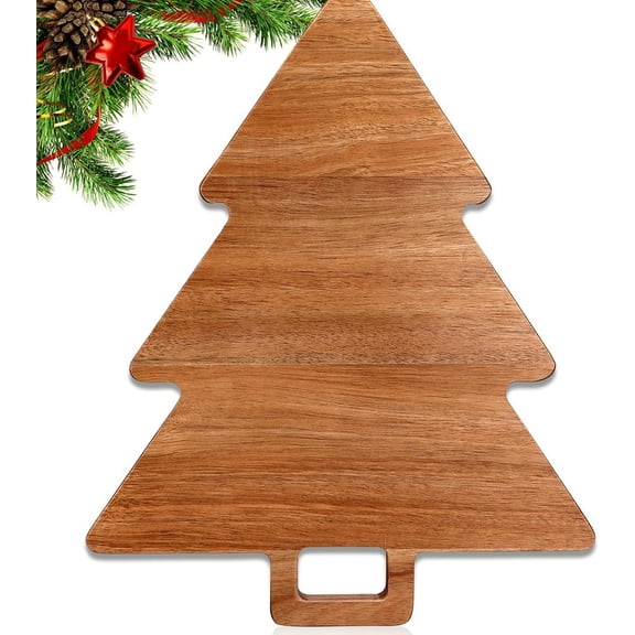 POUR PLACE Acacia Wood Tree - Shaped Charcuterie Board 15x12 Inch Reversible Cutting Block for Holiday Kitchen Decor and Cheese Serving