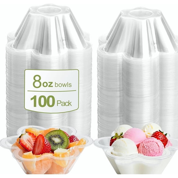 Appetizer Table Card POUR PLACE Clear Plastic Flower Shape Serving Bowls, 100 PCS 8 OZ Small ...