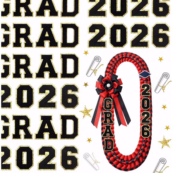 POUR PLACE Embroidered Appliqu Grad 2026 Iron on Patches, Self Adhesive Chenille, Black with Gold Trim, 32 Pcs, 2.1 Inch, for Clothing Jeans Hats Shoes Shirts