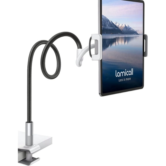 POUR PLACE Flexible Gooseneck Tablet Holder Mount, Adjustable Arm Clamp for Bed Headboard, Desk or Kitchen, Fits 4.7 - 10.5 in Phones and Tablets, Hands - Free Reading Viewing Stand