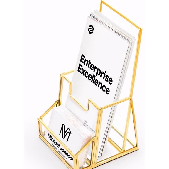 POUR PLACE Gold Glass Brochure Holder for 4 Inch Wide Trifold Handouts, Countertop Clear Literature Pamphlet Display Stand with Business Card Pocket Magazines, Booklets, Menus, Journals