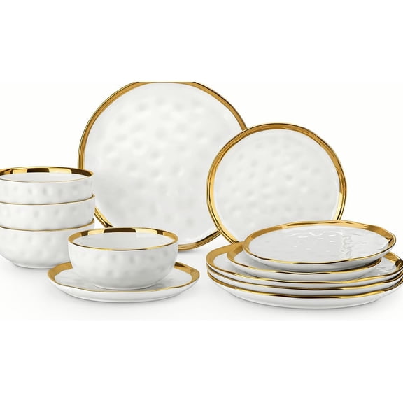 POUR PLACE Porcelain Dinner Plates and Bowls Set, 12 Piece White Gold Dishware Service for 4, Round Scratch Resistant Stackable Dishes, Dishwasher Safe
