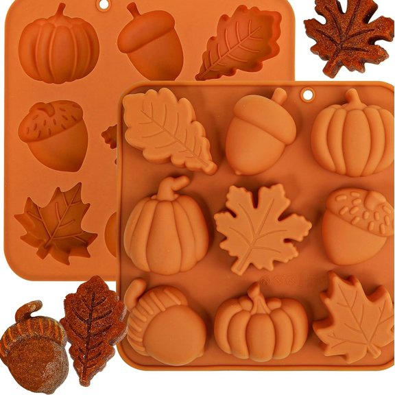 POUR PLACE Pumpkin Silicone Baking Pan Set, 3D Fall Maple Leaf Acorn Design, 2 Pieces, 12 Cavities Each, 7 x 7 x 1 Inch, BPA - Free, Non - Stick, Heat Resistant, Dishwasher Safe
