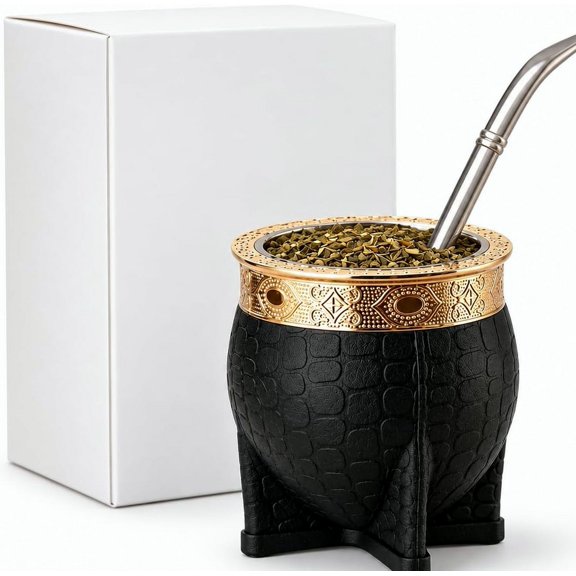 POUR PLACE Stainless Steel Mate Gourd Set with Bombilla Straw, Handmade Leather - Wrapped Tea Cup, 304 Interior, Gift and Travel Drinkware, Black