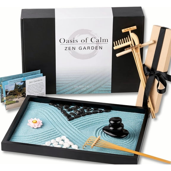 POUR PLACE Zen Garden Kit for Desk, Mini Japanese Sand Tray 11x8in Decor with Rakes, Stones, Lotus, Guide