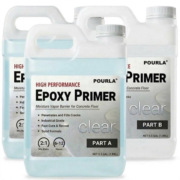 POURLA High-Performance Epoxy Primer for Concrete Flooring 1.5 Gallon Kit, 2:1 AB Mix Two Part Clear Moisture Barrier Base Coat for Strong Floors