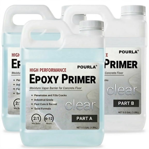 POURLA High-Performance Epoxy Primer for Concrete Flooring 1.5 Gallon Kit, 2:1 AB Mix Two Part Clear Moisture Barrier Base Coat for Strong Floors