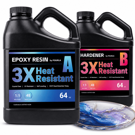 POURLA Ultra Heat Resistant Epoxy Resin 1 Gallon, 1:1 AB Mixing Resin Kit 195? Heat Distortion Temperature Epoxy Kit for Surface Coating, DIY Coasters, Trays, and Crafts