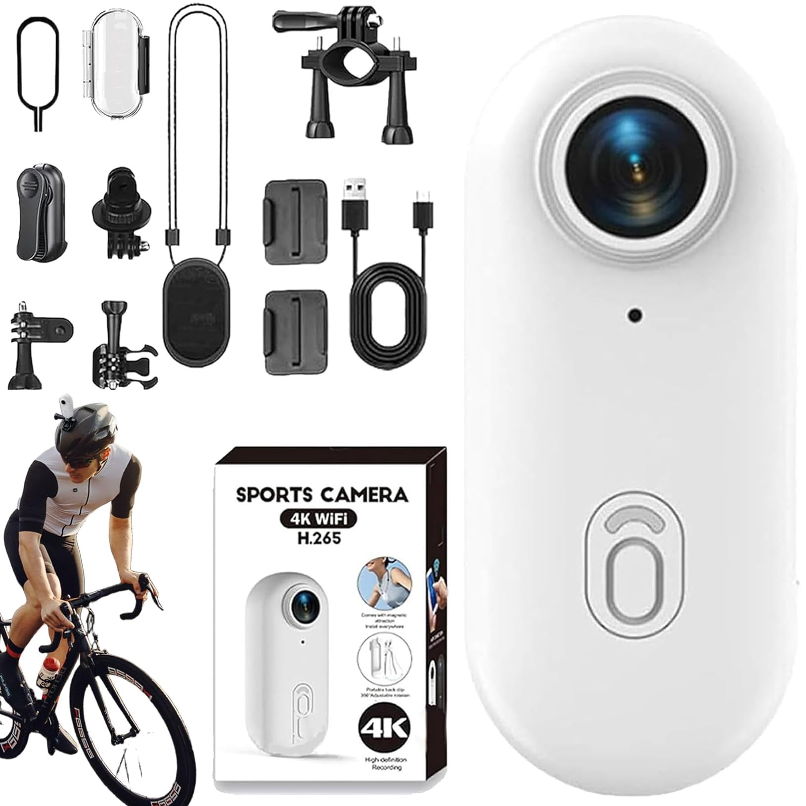 POV 4K Action Camera - Gelviva, Gelviva Thumb Body Camera 4k Portable, Treklon Pov Camera, Hands Free Waterproof Wearable Video Recorder, Helmet Mount, For Bike Cycling, Pet, Vlogging (White, 4K)