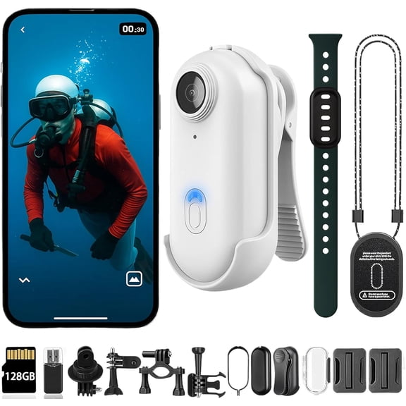 POV Waterproof 4K Pro Capture Camera, 170° Ultra Wide Angle HD Wearable Body Adventure Action Cameras, Cameras with Accessories, for Diving, Cycling and Outdoors Activities (White, 128GB)