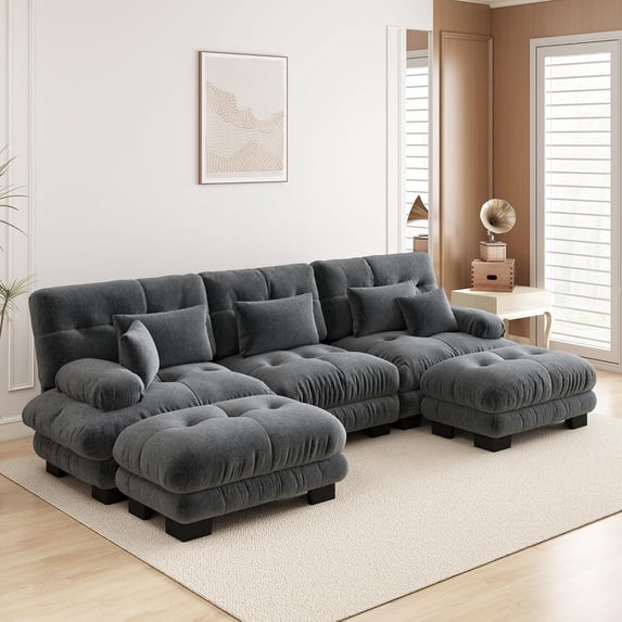 POVANLI 133.8" Sectional Sofa, 3 Seater Sectional Fluffy Couch with 2 Ottomans,Deep Seat Sofas for Living Home