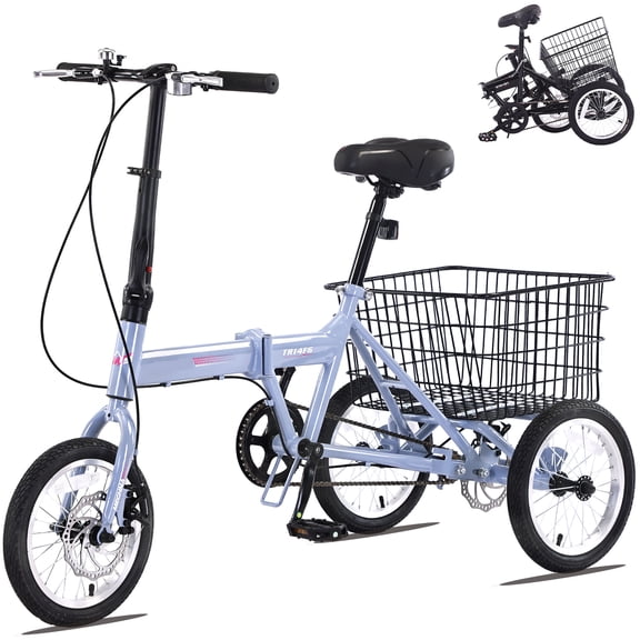 POVANLI 14" Tricycle for Adults,3 Wheel Bikes for Adults with Basket, 95% Pre-Assembled Collapsible Steel Frame 200 LBS Capacity