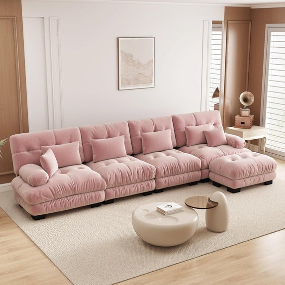 POVANLI 173.2" 4 Seater Modular Sectional Sofa, Large L Shaped Sectional Fluffy Couch with 1 Ottoman, Deep Seat Sofas for Living Home