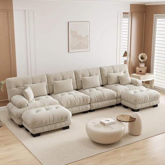 POVANLI 173.2" 4 Seater Modular Sectional Sofa, Large L Shaped Sectional Fluffy Couch with 2 Ottomans, Deep Seat Sofas for Living Home