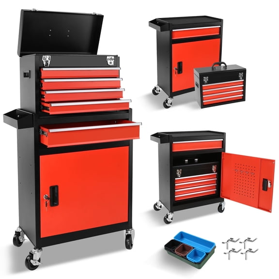 POVANLI 2-IN-1 Tool Chest & Cabinet, High Capacity Rolling Tool Box with Wheels and 5 Drawers, Wheels Lockable, Organizer, for Garages, Warehouses, Workshops, Repair Shops, Red