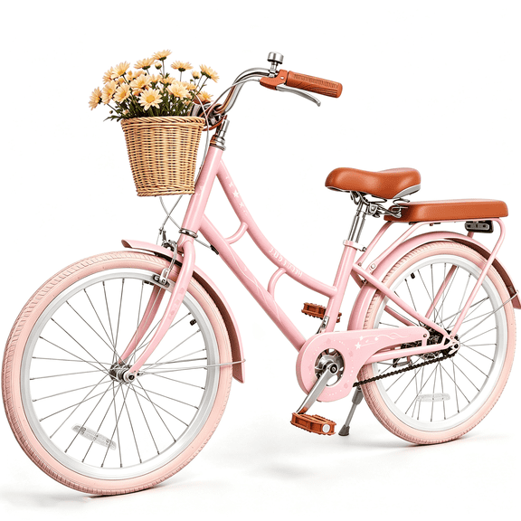 POVANLI 22" Girl Bicycle for Youth Over 6 Years Old Kids, Teenager with Basket Light Pink
