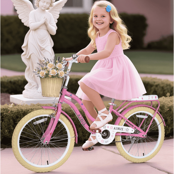 POVANLI 20" Girls Bike with Basket for 6-8 Years Old,No Training Wheels Included Gift Pink