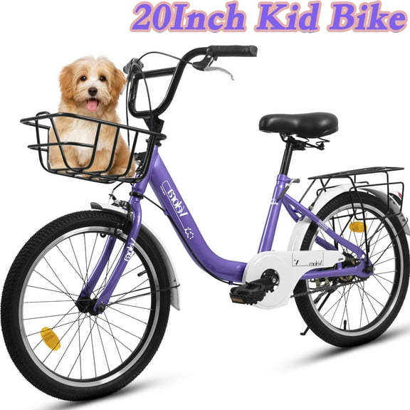 POVANLI 20" Kids Bike for 5-8 Boys & Girls with Basket, Rear Seat, Chain Guard, Coaster Brake & V-Brake, Children's Lightweight Steel Frame Bicycle, 85% assembled for Children's Gift (Purple)
