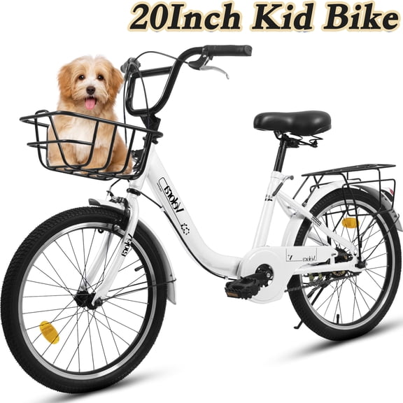 POVANLI 20" Kids Bike for 5-8 Boys & Girls with Basket, Rear Seat, Chain Guard, Coaster Brake & V-Brake, Children's Lightweight Steel Frame Bicycle, 85% assembled for Children's Gift (White)