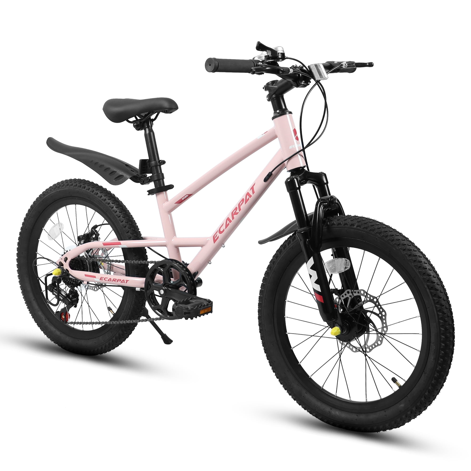 POVANLI 20" Kids Mountain Bike for 5-8yr or 4'-4'8" Boys & Girls with 7-Speed, Front Suspension, Dual Disc Brakes and Fender, Lightweight Steel Frame Bicycle, 85% assembled for Children's Gift (Pink)