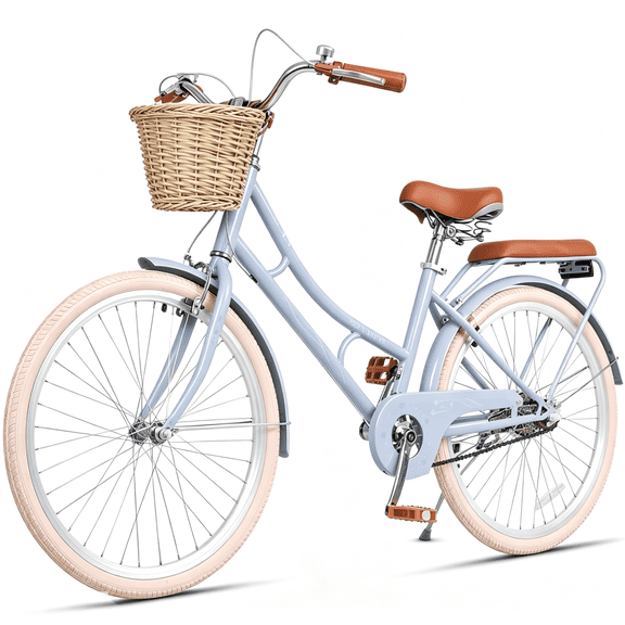 POVANLI 24" Cruiser Bike Single Speed Lady's Hybird Bicycle for Ages 7-11 Years with Basket Blue