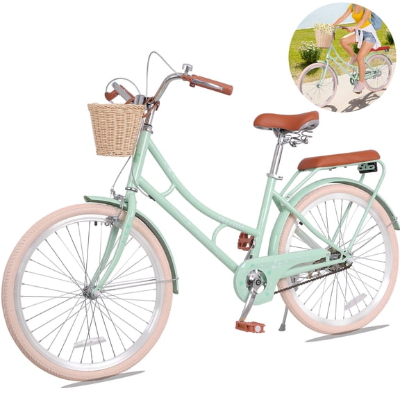 POVANLI 24" Girls Bike Single Speed Lady's Hybird Bicycle for Ages 7-11 Years with Basket Light Green