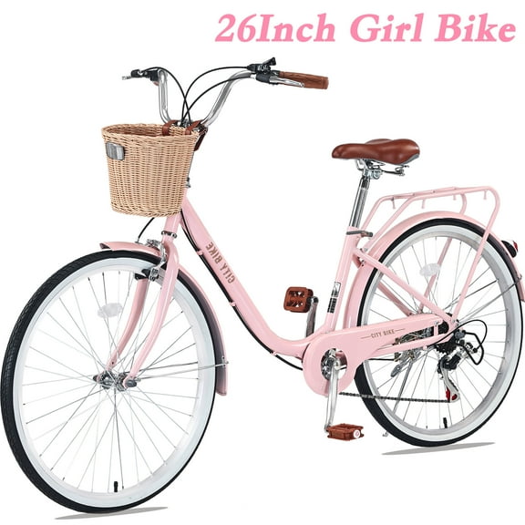 POVANLI 26'' Ladies Bicycle with Basket Bicycle Adult Full Shimano 7 Speed Ladies Bicycle, Double V Brakes Bicycle, Steel Frame Commuter City Bike for Ladies,Pink (Gift)