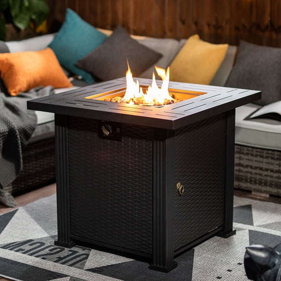 POVANLI 28" Propane Gas Fire Pit Table, 50000 BTU Square Steel Fire Pit for Outside Patio Deck Garden Backyard-Black