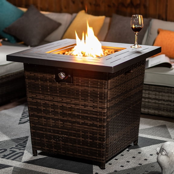 POVANLI 28" Propane Gas Fire Pit Table, 50000 BTU Square Steel Fire Pit with Beautiful Wicker Base for Outside Patio Deck Garden Backyard-Black