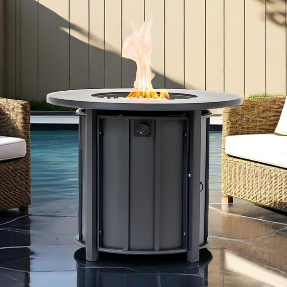 POVANLI 30" Propane Gas Fire Pit Table, 50000 BTU Round Steel Fire Pit with Wood Grain Ceramic Tabletop for Outside Patio Deck Garden Backyard- Black