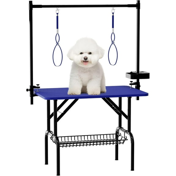 POVANLI 36" Large Dog Grooming Table, Portable Foldable Pet Grooming Station at Home with Adjustable Cat Drying Desktop, Arms, Nooses, Mesh Tray, Weight Capacity 300lbs (Blue)