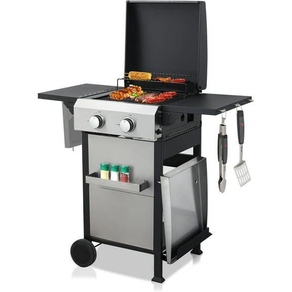 POVANLI BBQ Grill 2-Burner Gas Grill Stainless Steel Propane Grill with Wire Enamel Cook ing Grids,24600BTU Outdoor Grill With Foldable Side Table, Hanging Basket For Outdoor Cooking Barbecue Grill