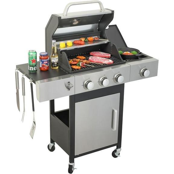 POVANLI BBQ Grill 3 Burner Gas Grill Stainless Steel Propane Grill with Side Burner,37230 BTU Grills Outdoor Cooking,Outdoor Grill With Enameled Cast Iron Cooking Grids For Gar den Barbecue Grill